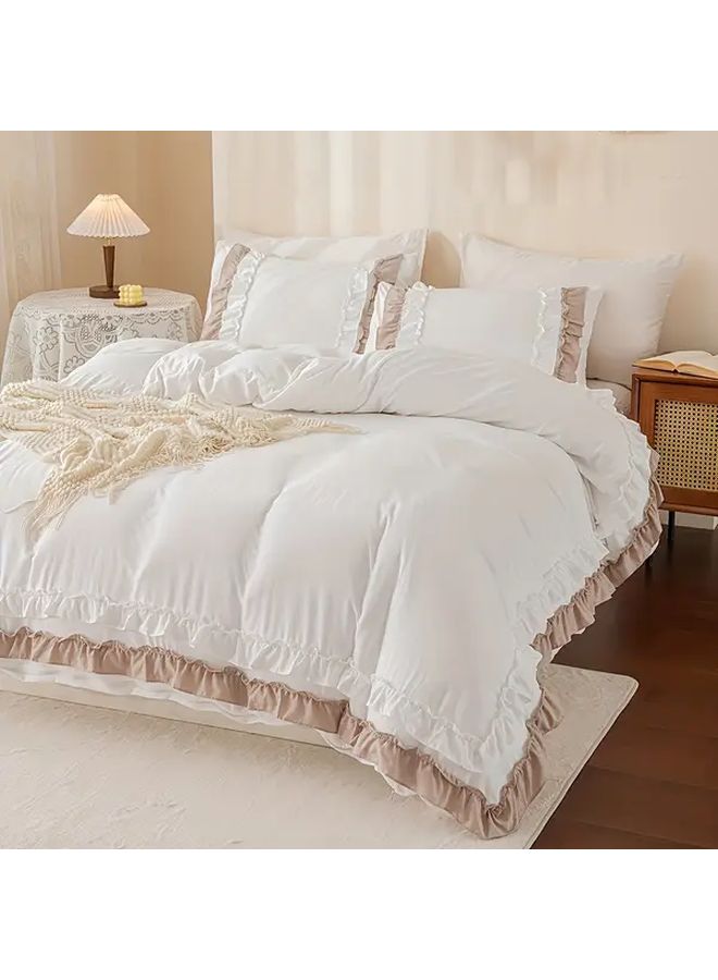 Queen Size Duvet Cover Set White Camel Polyester Ruffle Bedding Boho Style - Image 5